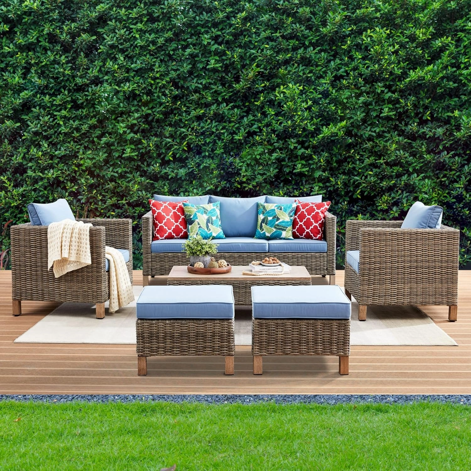 6 Pieces Sectional Sofa with Metal Top Coffee Table, Conversation Set Wicker Rattan Outdoor Furniture for Garden, Patio, Poolside, Porch PE Rattan Sofa (Blue)