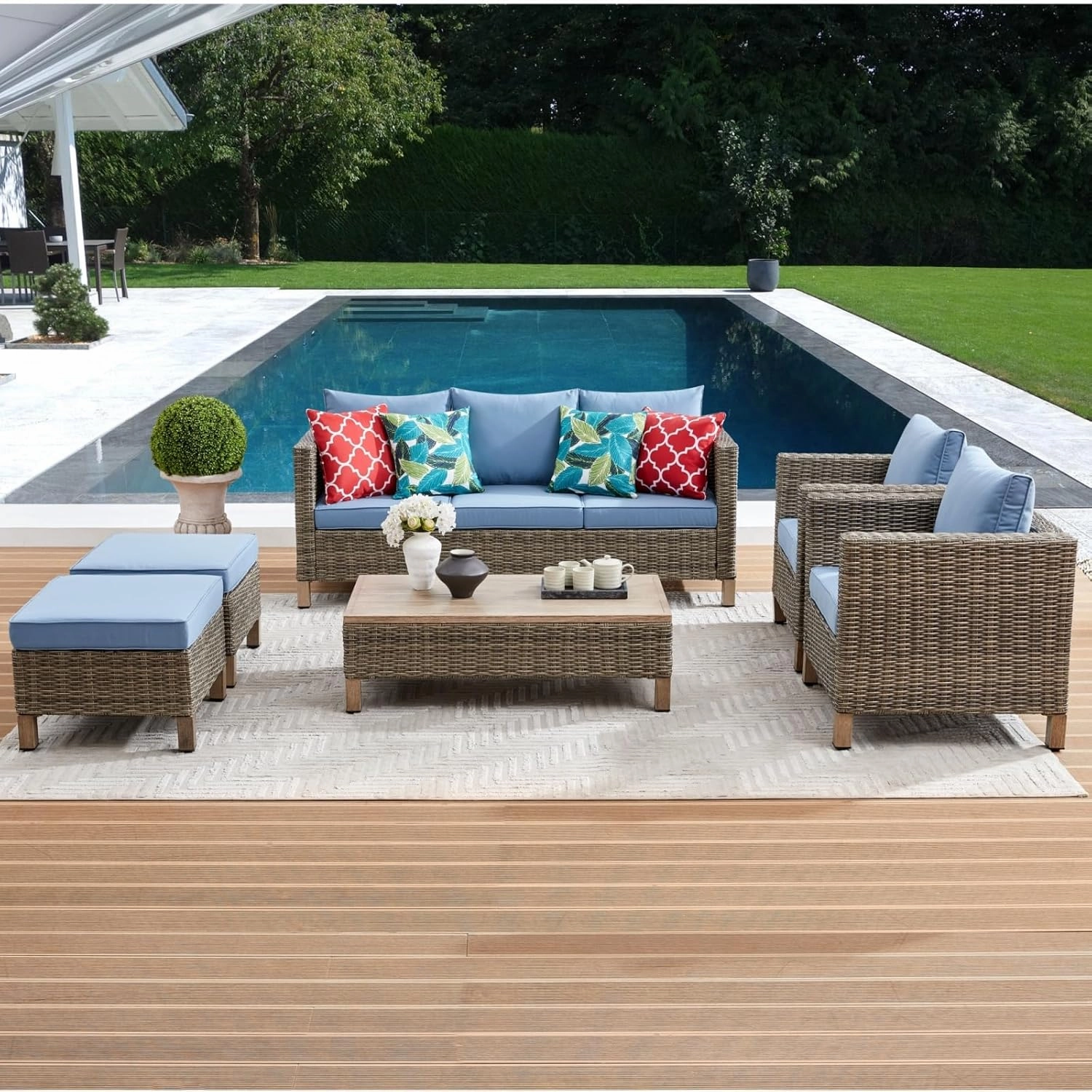 6 Pieces Sectional Sofa with Metal Top Coffee Table, Conversation Set Wicker Rattan Outdoor Furniture for Garden, Patio, Poolside, Porch PE Rattan Sofa (Blue)