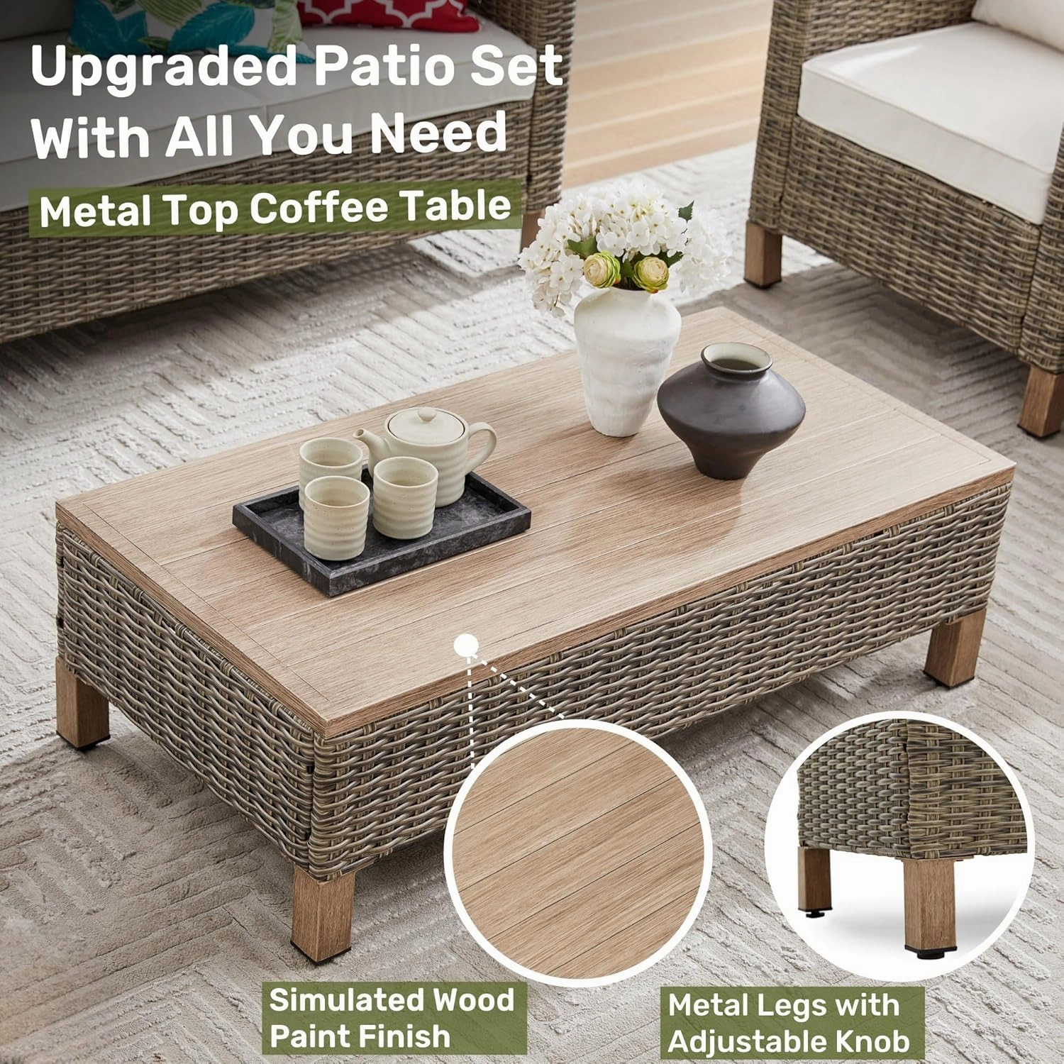 6 Pieces Sectional Sofa with Metal Top Coffee Table, Conversation Set Wicker Rattan Outdoor Furniture for Garden, Patio, Poolside, Porch PE Rattan Sofa (Blue)