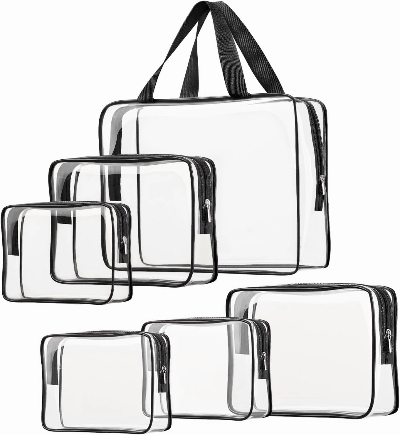 6pcs Clear Cosmetic Bags, TSA Approved Toiletry Bag Set Crystal Clear Travel Beach Essentials Bag Organization PVC, Clear Makeup Bags Luggage Pouch Carry on Airport Airline Compliant Bag Women Men