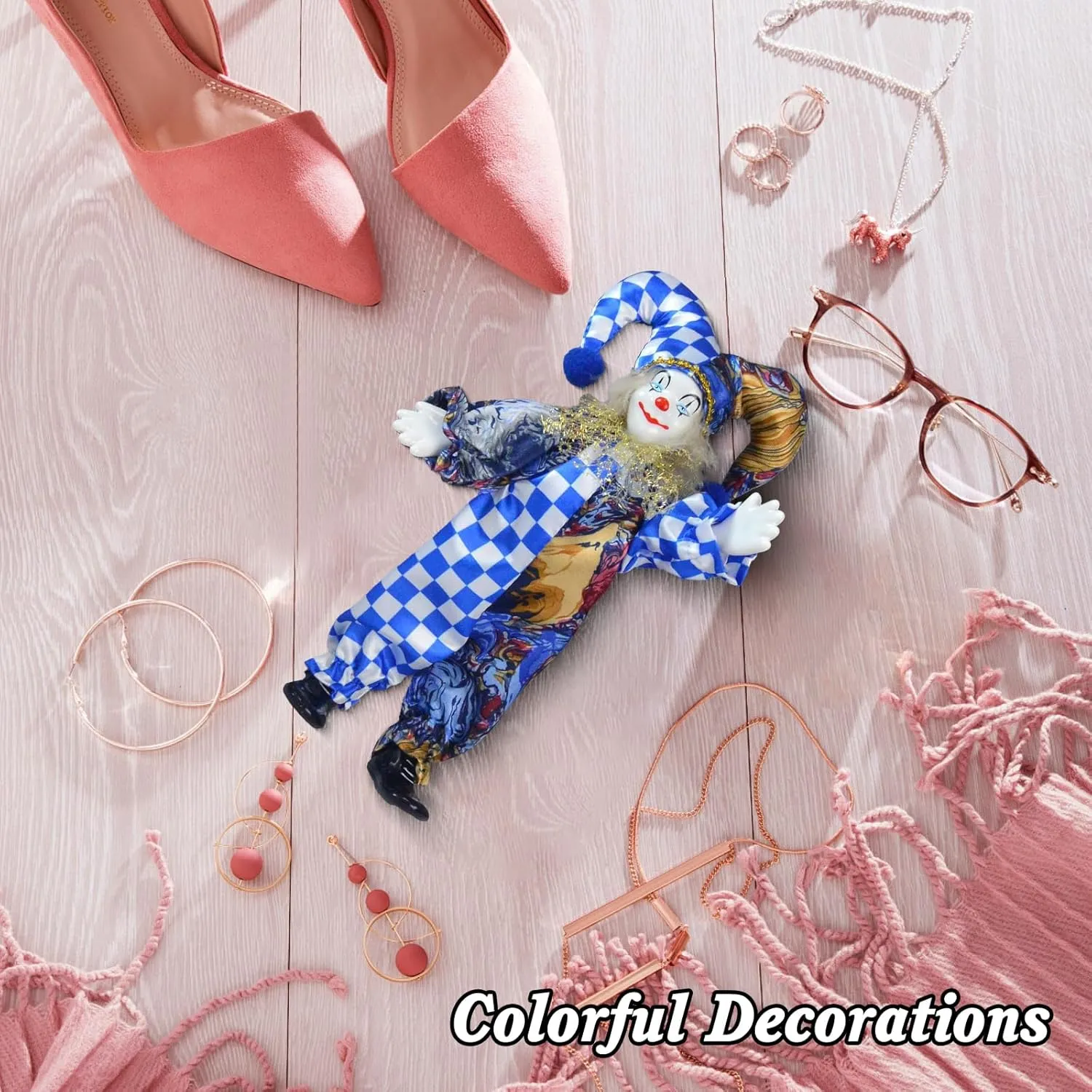 8 Inch Clown Doll with Porcelain Head and Limbs, Blue Checkered Pattern Halloween Doll, Perfect for Christmas and Home Decoration
