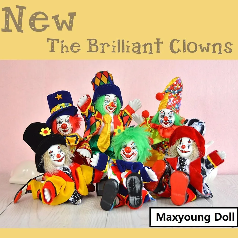 8 Inch Clown Doll with Porcelain Head and Limbs, Blue Checkered Pattern Halloween Doll, Perfect for Christmas and Home Decoration