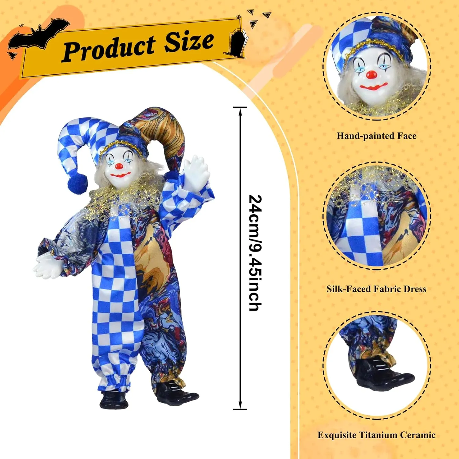 8 Inch Clown Doll with Porcelain Head and Limbs, Blue Checkered Pattern Halloween Doll, Perfect for Christmas and Home Decoration