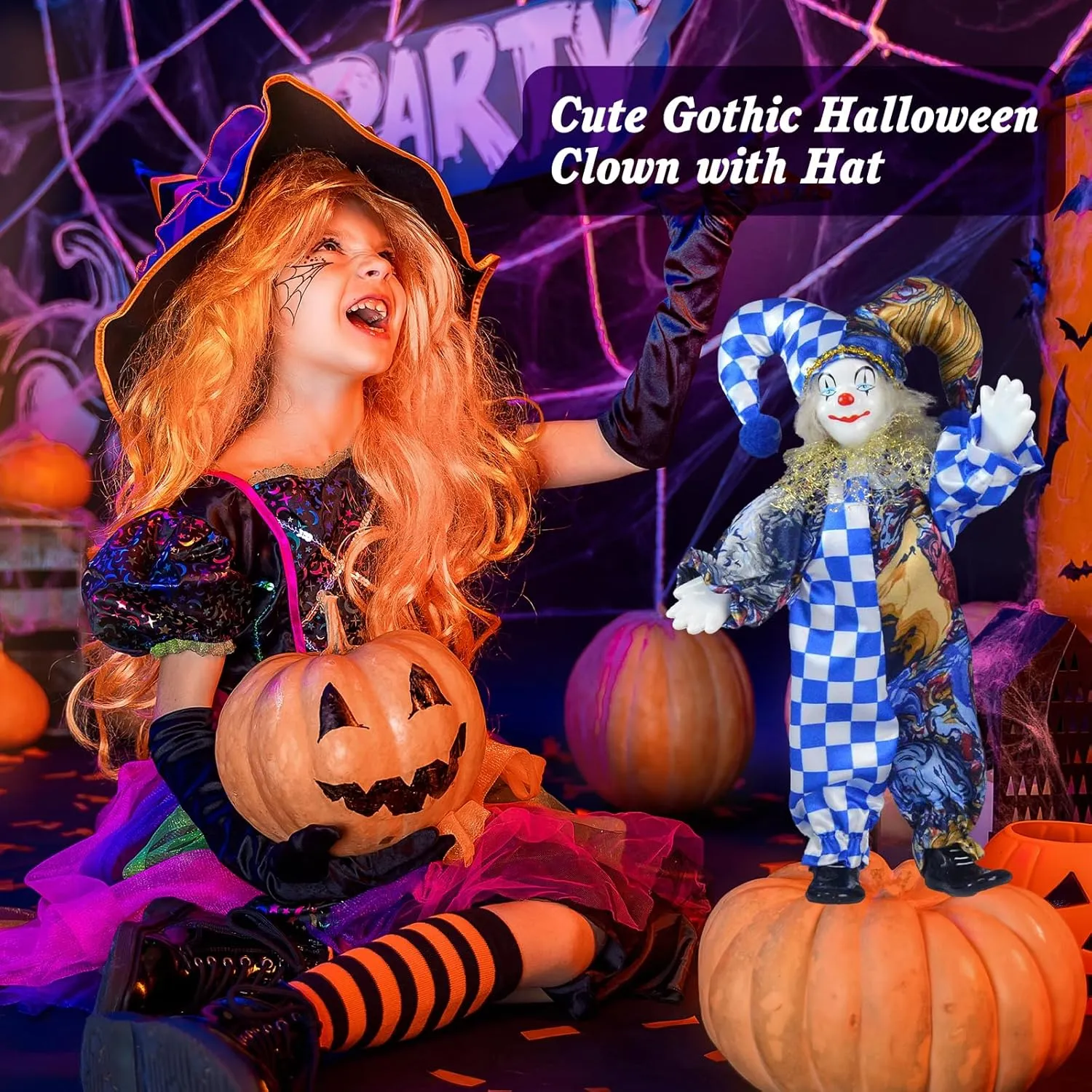 8 Inch Clown Doll with Porcelain Head and Limbs, Blue Checkered Pattern Halloween Doll, Perfect for Christmas and Home Decoration