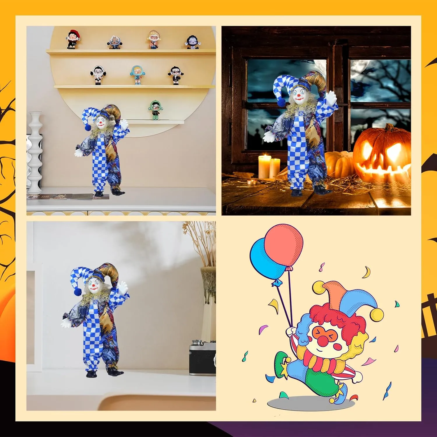 8 Inch Clown Doll with Porcelain Head and Limbs, Blue Checkered Pattern Halloween Doll, Perfect for Christmas and Home Decoration