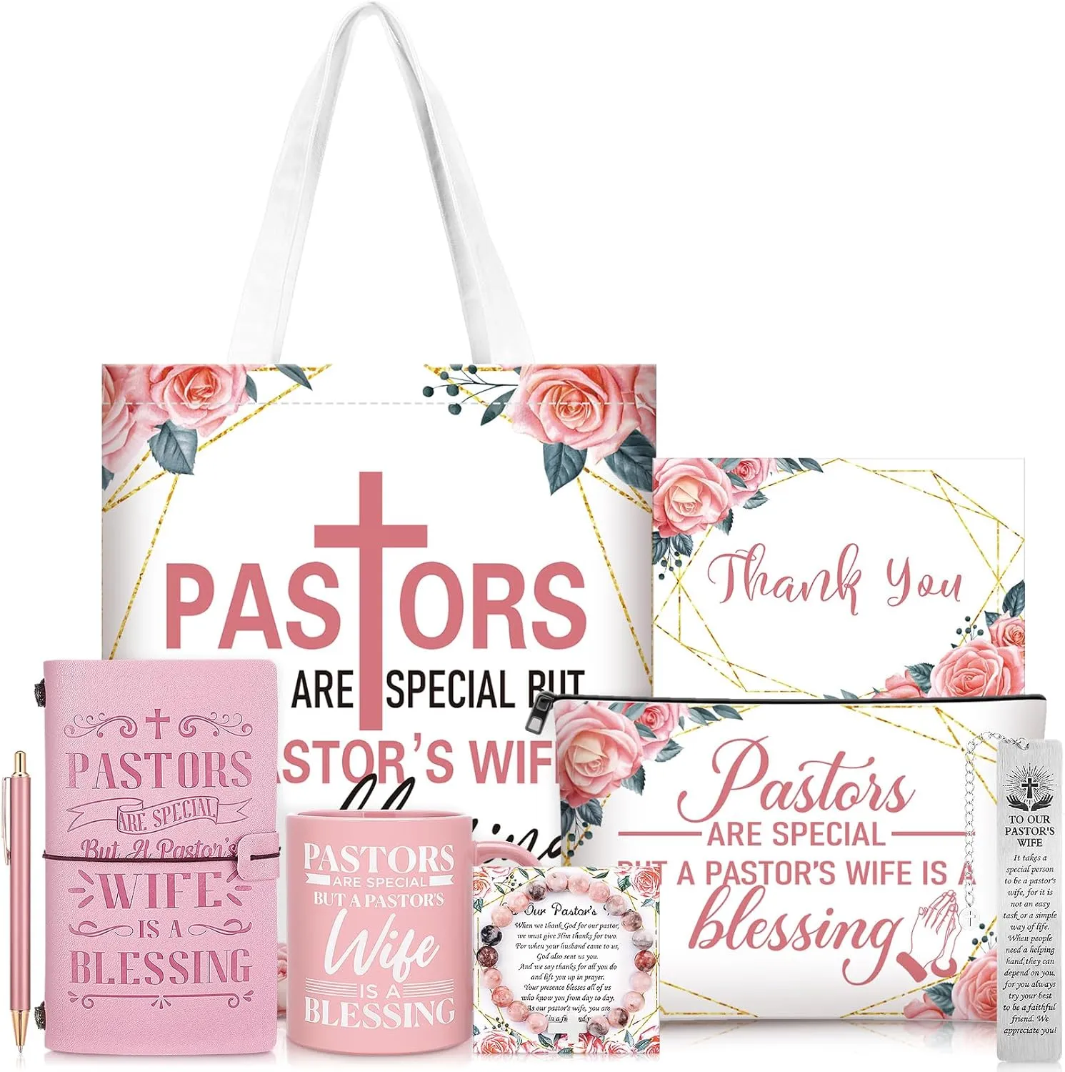 8 Pcs Pastor's Wife Appreciation Gifts Set Includes Leather Journal Pen Handbag Makeup Bag Mug Natural Stone Bracelet Bookmark Christian Faith Religious Gifts Christmas Thank You Gift