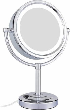 8.5 Inch Tabletop LED Lighted Makeup Mirror with Magnification, Chrome Finish Double Sided Desk Vanity Mirror, Plug Powered,3X(5X)