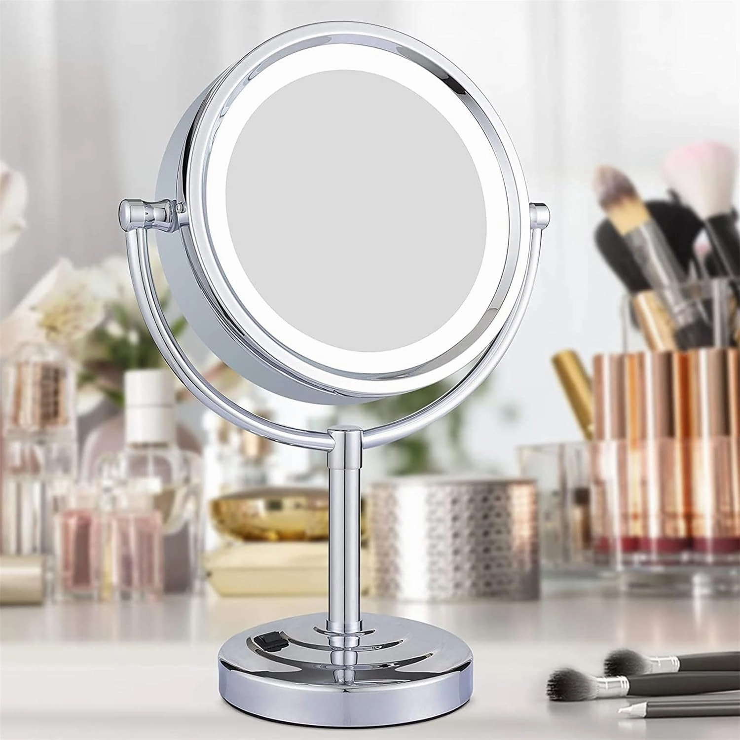 8.5 Inch Tabletop LED Lighted Makeup Mirror with Magnification, Chrome Finish Double Sided Desk Vanity Mirror, Plug Powered,3X(5X)
