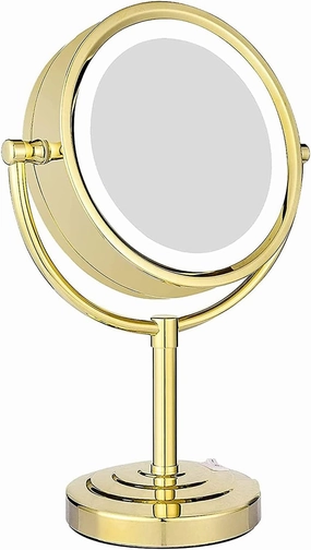 8.5 Inch Tabletop LED Lighted Makeup Mirror with Magnification, Gold Finish Double Sided Brass Desk Vanity Mirror, Plug Powered,10x