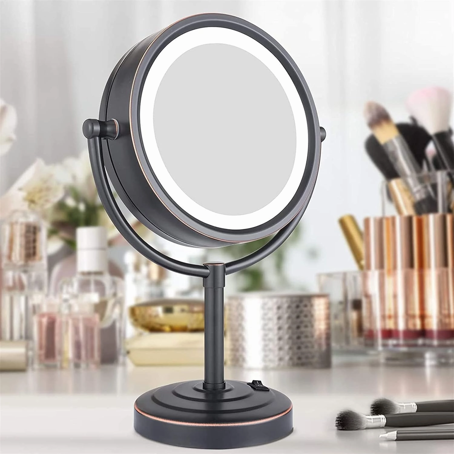 8.5 Inch Tabletop LED Lighted Makeup Mirror with Magnification, Oil Rubbed Black Double Sided Desk Vanity Mirror, Plug Powered,3x