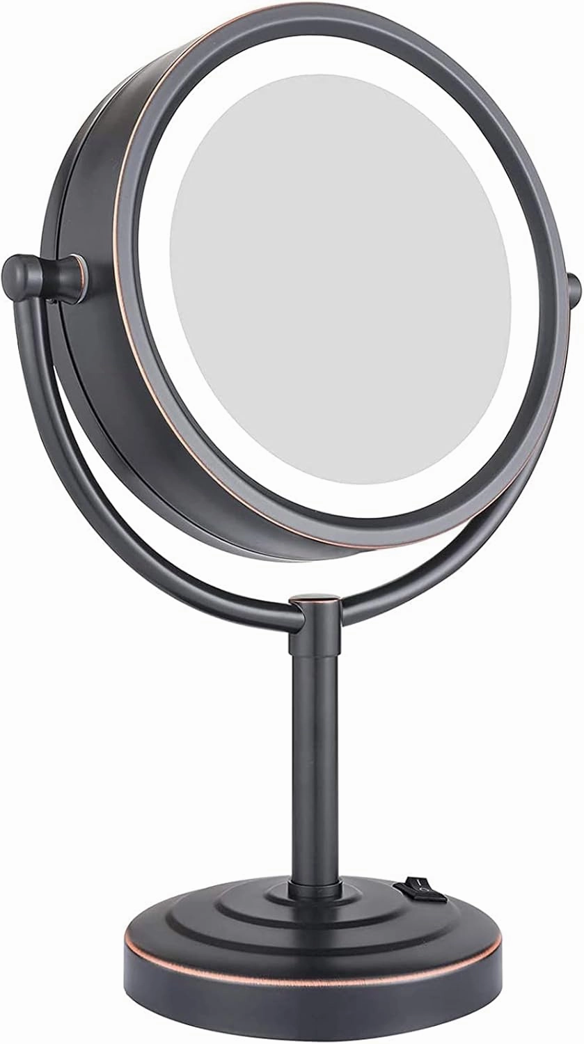 8.5 Inch Tabletop LED Lighted Makeup Mirror with Magnification, Oil Rubbed Black Double Sided Desk Vanity Mirror, Plug Powered,3x