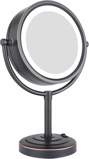 8.5 Inch Tabletop LED Lighted Makeup Mirror with Magnification, Oil Rubbed Black Double Sided Desk Vanity Mirror, Plug Powered,3x