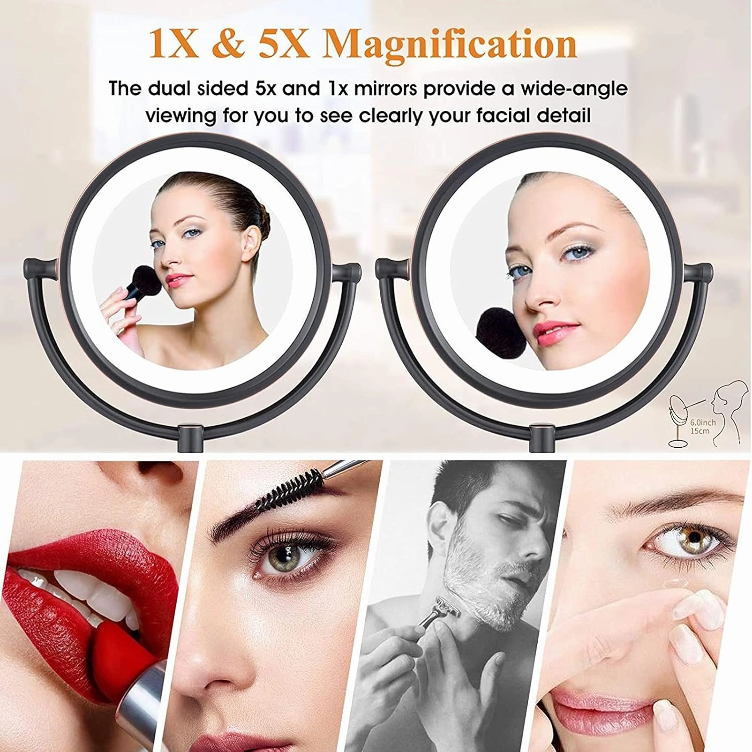 8.5 Inch Tabletop LED Lighted Makeup Mirror with Magnification, Oil Rubbed Bronze Black Double-Sided Shaving Vanity Mirror, Plug Powered,5X