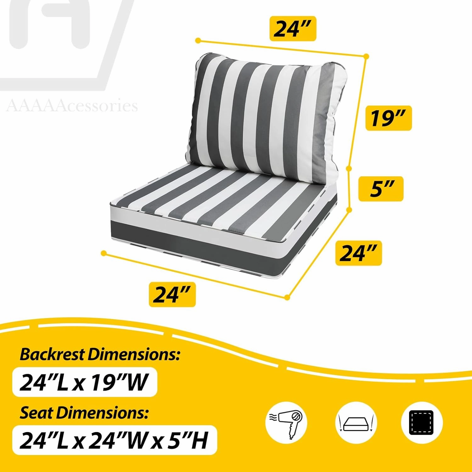 AAAAAcessories Outdoor Deep Seat Cushions, Waterproof, Fade-Resistant Patio Furniture Replacement Cushions, 24" x 24" x 5", Gray Cabana Stripe