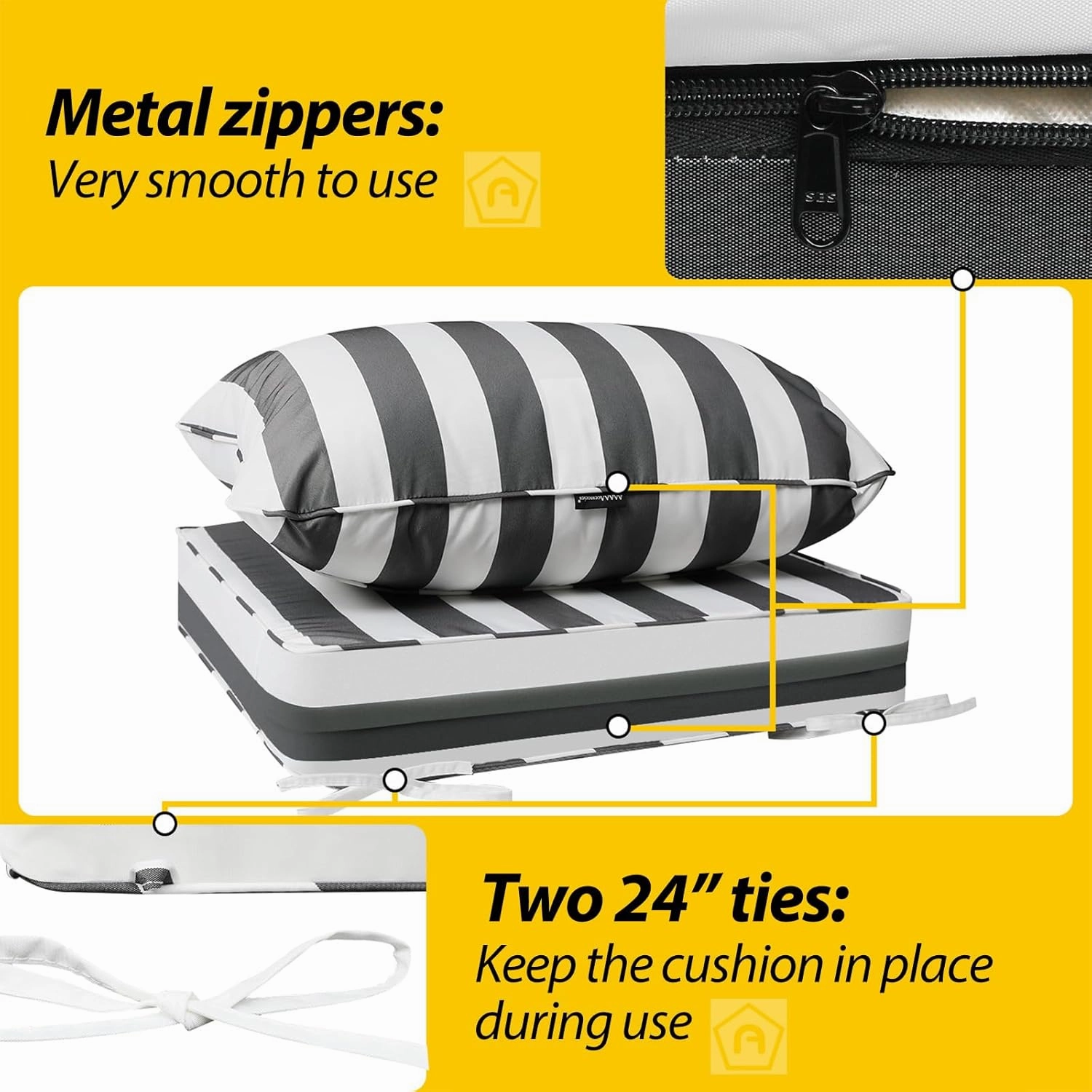 AAAAAcessories Outdoor Deep Seat Cushions, Waterproof, Fade-Resistant Patio Furniture Replacement Cushions, 24" x 24" x 5", Gray Cabana Stripe
