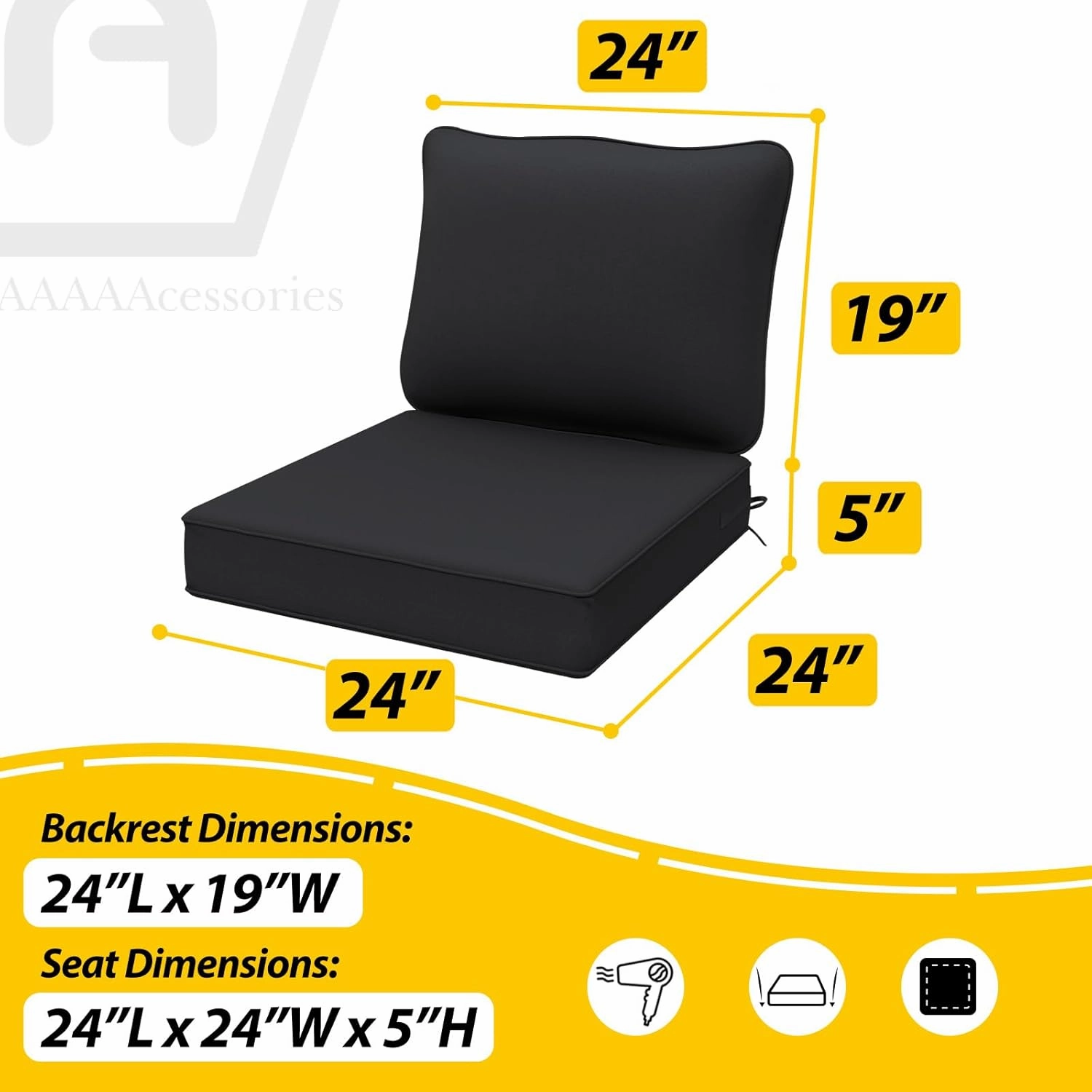 AAAAAcessories Outdoor Deep Seat Cushions, Waterproof, Fade-Resistant Patio Furniture Replacement Cushions, 24" x 24" x 5", Set of 2, Black