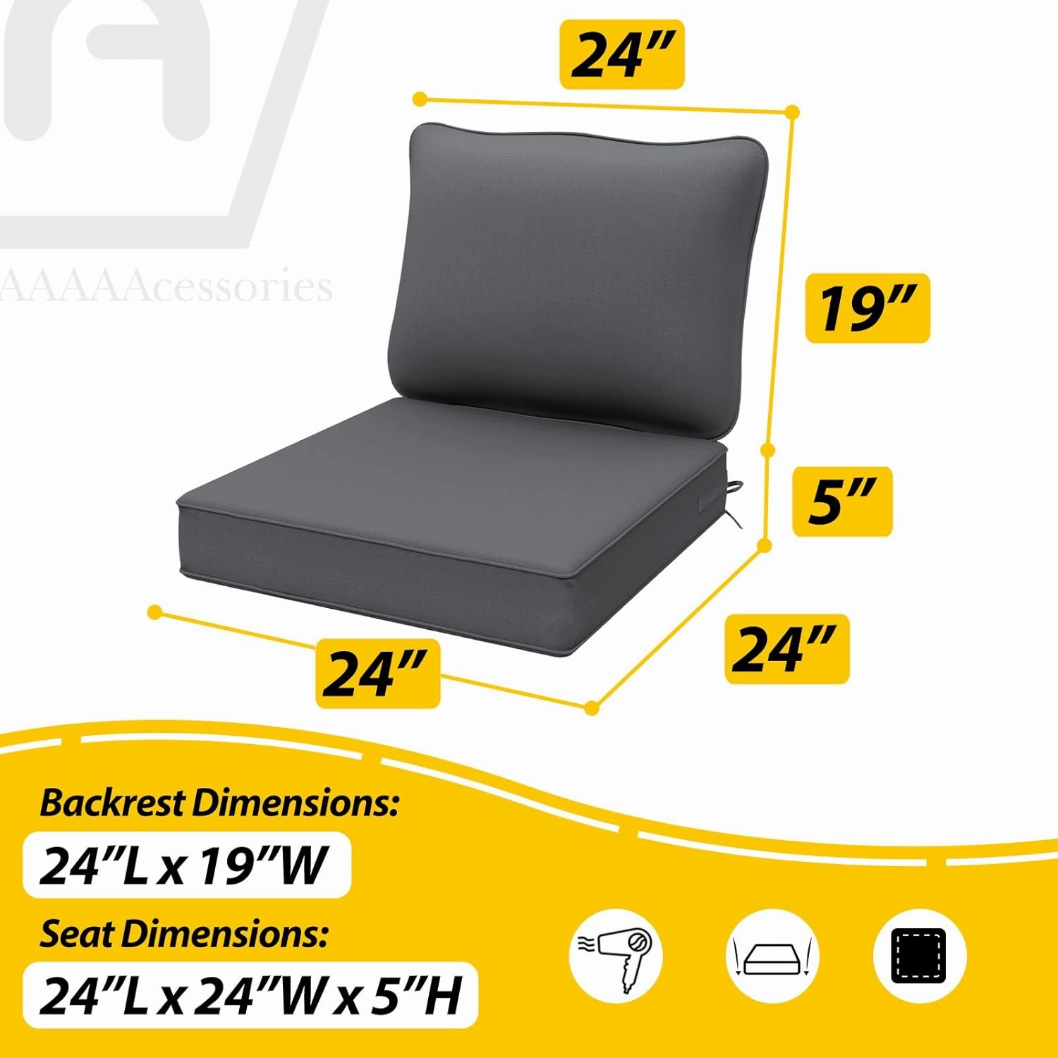 AAAAAcessories Outdoor Deep Seat Cushions, Waterproof, Fade-Resistant Patio Furniture Replacement Cushions, 24" x 24" x 5", Set of 2, Dark Gray