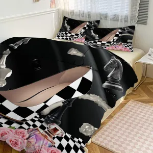 Abstract Modern Art High Heels King Size Duvet Cover Set,Rustic Black White Plaid Makeup Theme High Heels Comforter Cover Sets(1 Duvet Cover 2 Pillowcases)