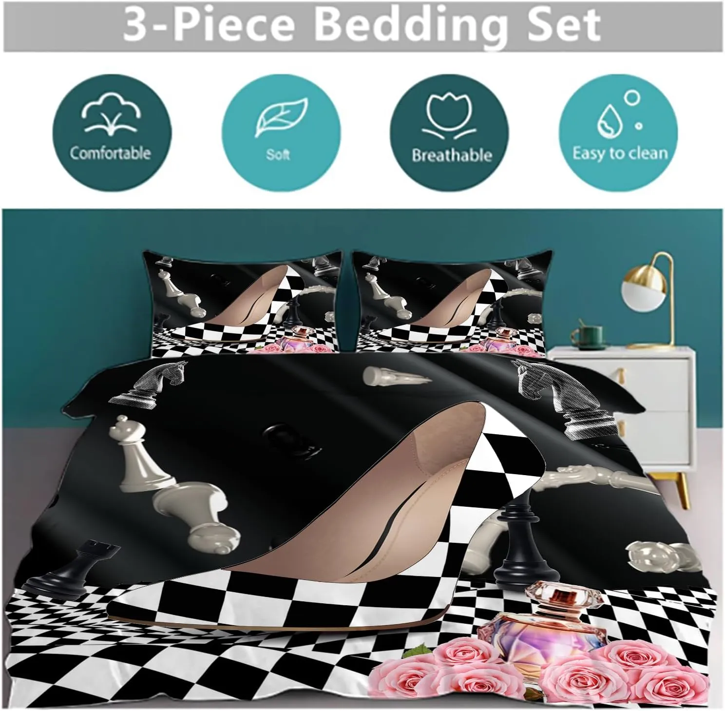 Abstract Modern Art High Heels King Size Duvet Cover Set,Rustic Black White Plaid Makeup Theme High Heels Comforter Cover Sets(1 Duvet Cover 2 Pillowcases)
