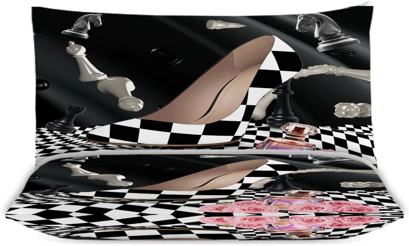 Abstract Modern Art High Heels King Size Duvet Cover Set,Rustic Black White Plaid Makeup Theme High Heels Comforter Cover Sets(1 Duvet Cover 2 Pillowcases)