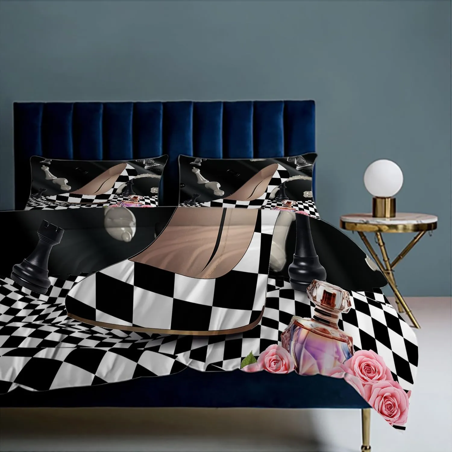 Abstract Modern Art High Heels King Size Duvet Cover Set,Rustic Black White Plaid Makeup Theme High Heels Comforter Cover Sets(1 Duvet Cover 2 Pillowcases)