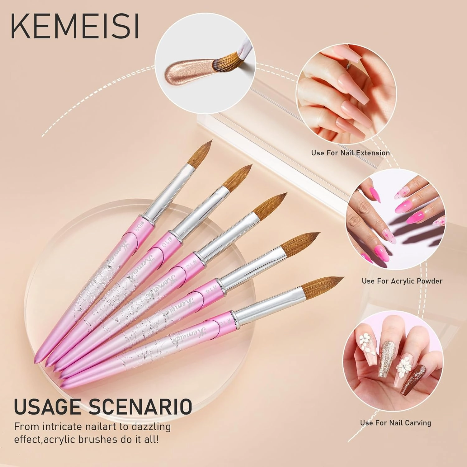 Acrylic Nail Brush Size 12, KEMEISI 100% Pure Kolinsky Nail Art Brushes Sturdy Handle Oval Shaped Acrylic Powder Nail Design Tools for Professional Manicure DIY Home Salon