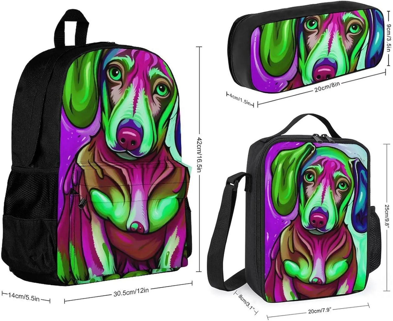 Adults Daypack - Sausage Dog Dachshund Art Bookbag 3 Piece College Daypack Traveling & Camping Backpack, 3 Piece Climbing Shoulder Bag