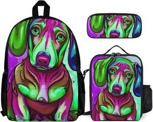 Adults Daypack - Sausage Dog Dachshund Art Bookbag 3 Piece College Daypack Traveling & Camping Backpack, 3 Piece Climbing Shoulder Bag