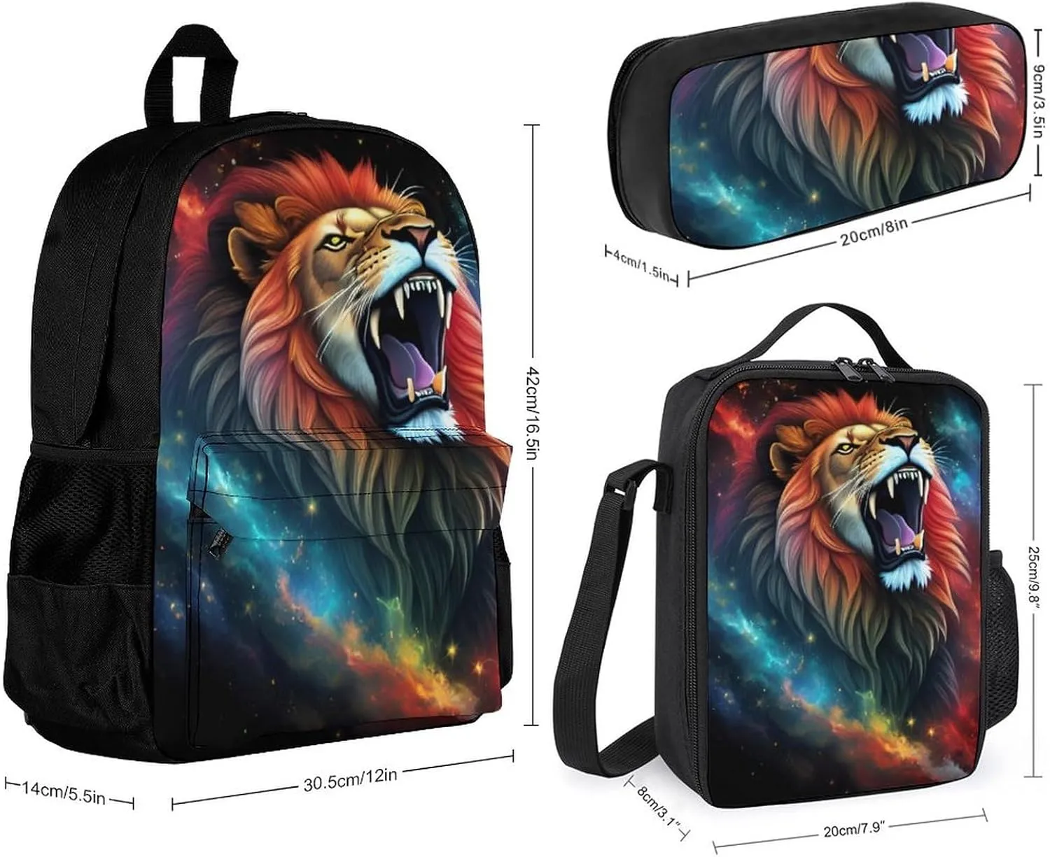 Adults Daypack Sets - Cool Lion Space Universe Surreal Style Art Shoulder Bag 3 Piece College Travel Hiking Backpack, 3 Piece Daypack Climbing Shoulder Bag