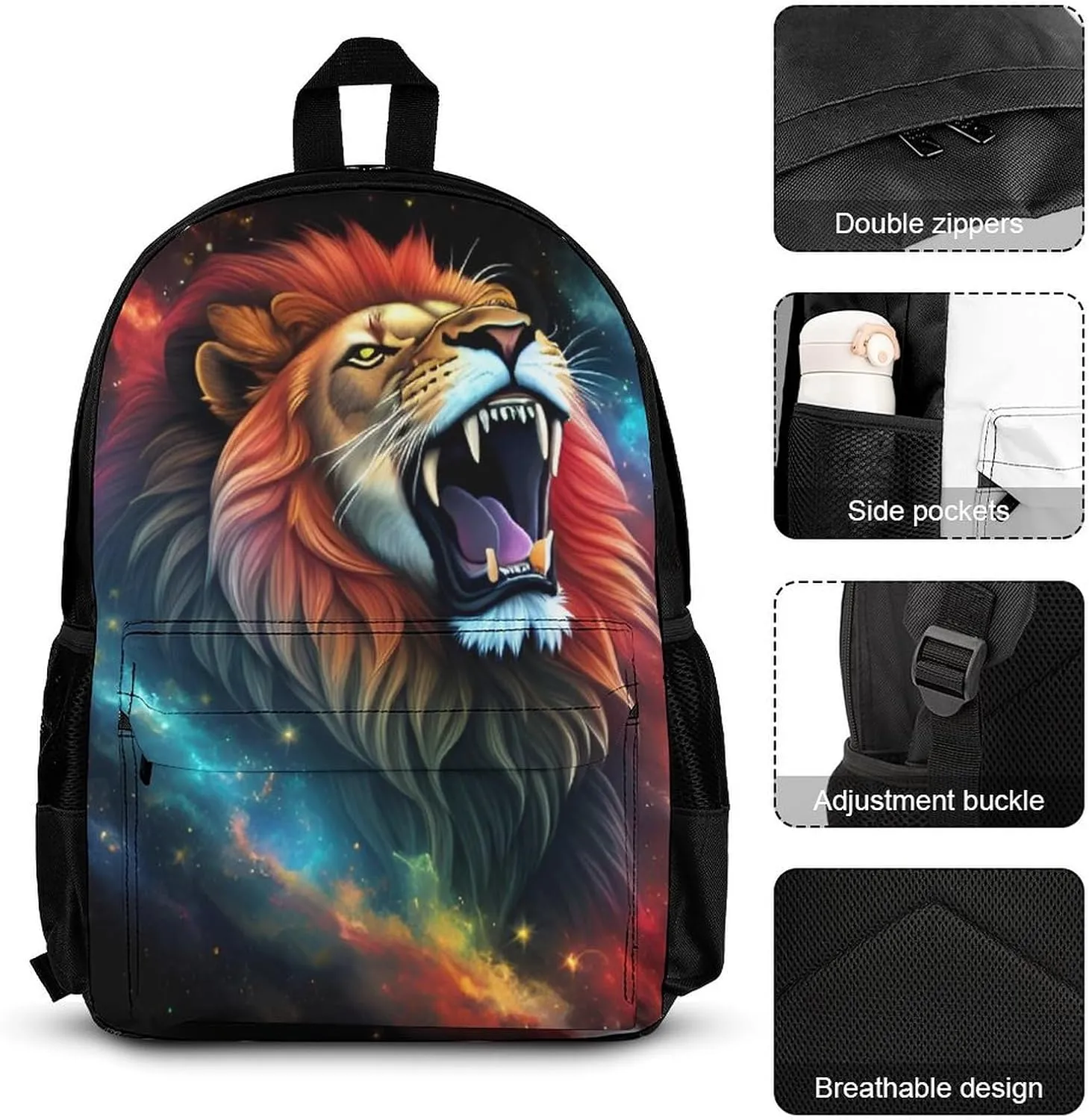 Adults Daypack Sets - Cool Lion Space Universe Surreal Style Art Shoulder Bag 3 Piece College Travel Hiking Backpack, 3 Piece Daypack Climbing Shoulder Bag