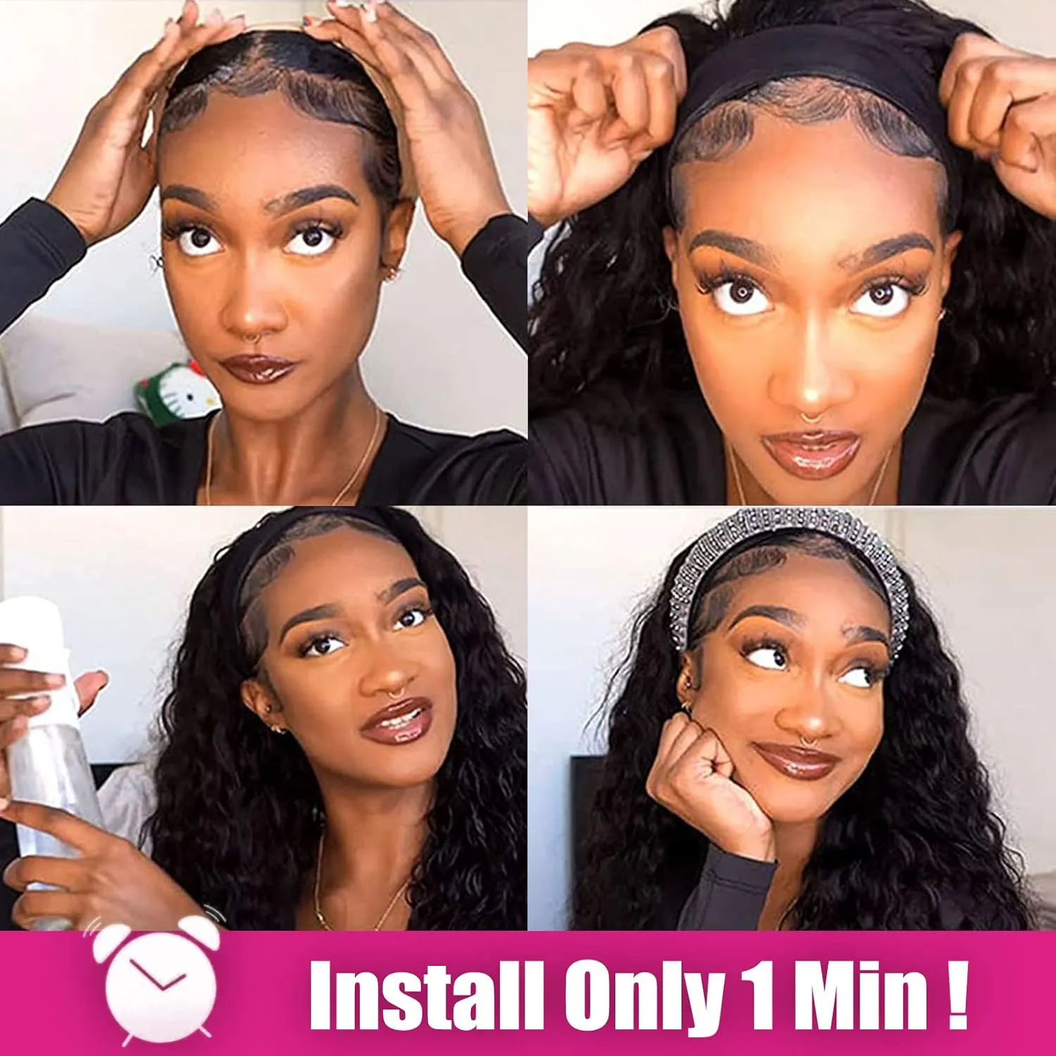 AISI QUEENS Human Hair Short Curly Wig - Glueless Headband Wig for Black Women (14 Inch)