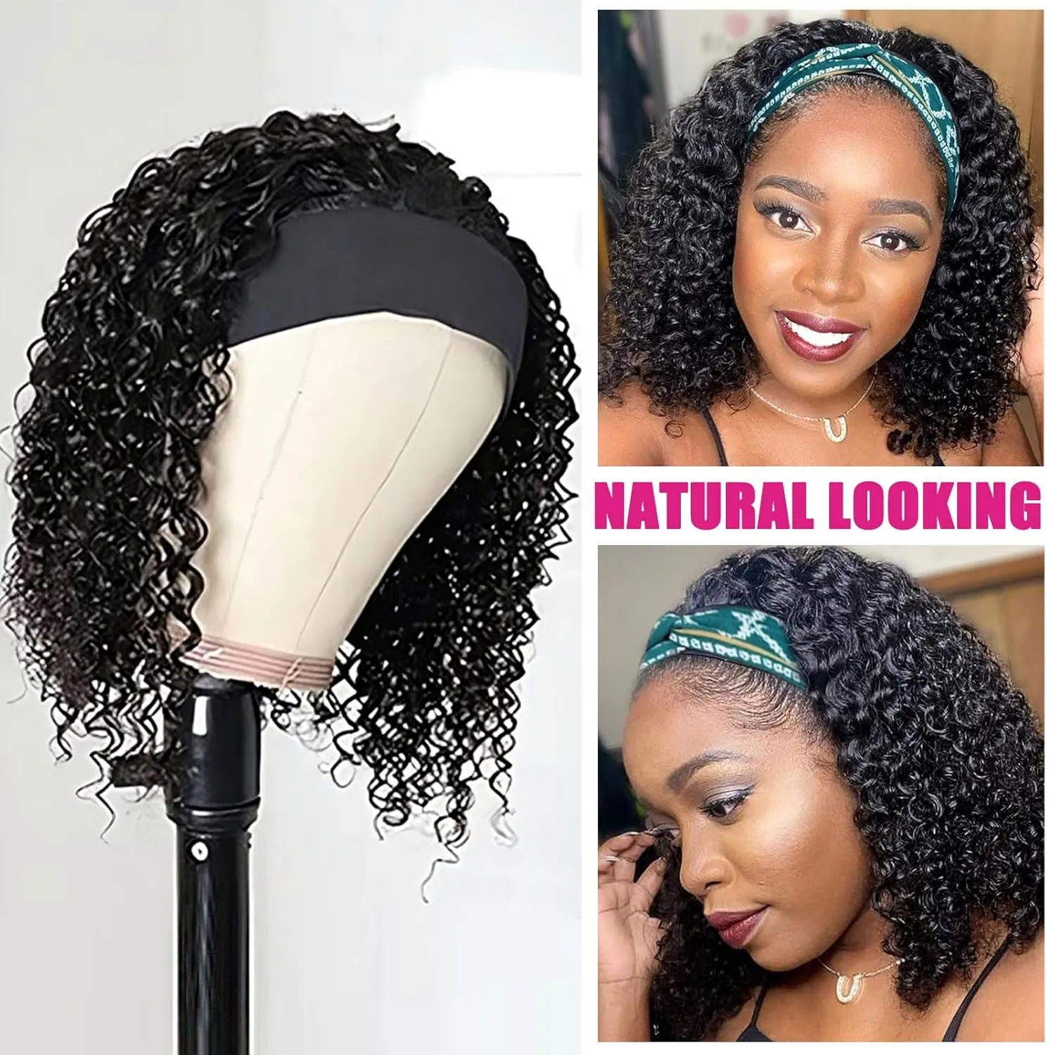 AISI QUEENS Human Hair Short Curly Wig - Glueless Headband Wig for Black Women (14 Inch)