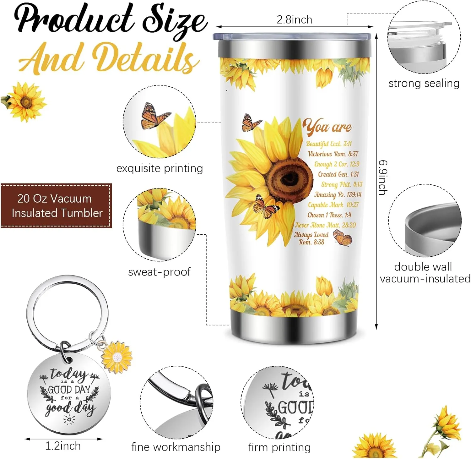 Aliceset 4 Pcs Christian Gifts for Women Include Inspiration Religious Tote Bag 20 oz Stainless Steel Tumbler Bible Verse Keychain Catholic Makeup Bag Birthday Gifts for Women(Sunflower)