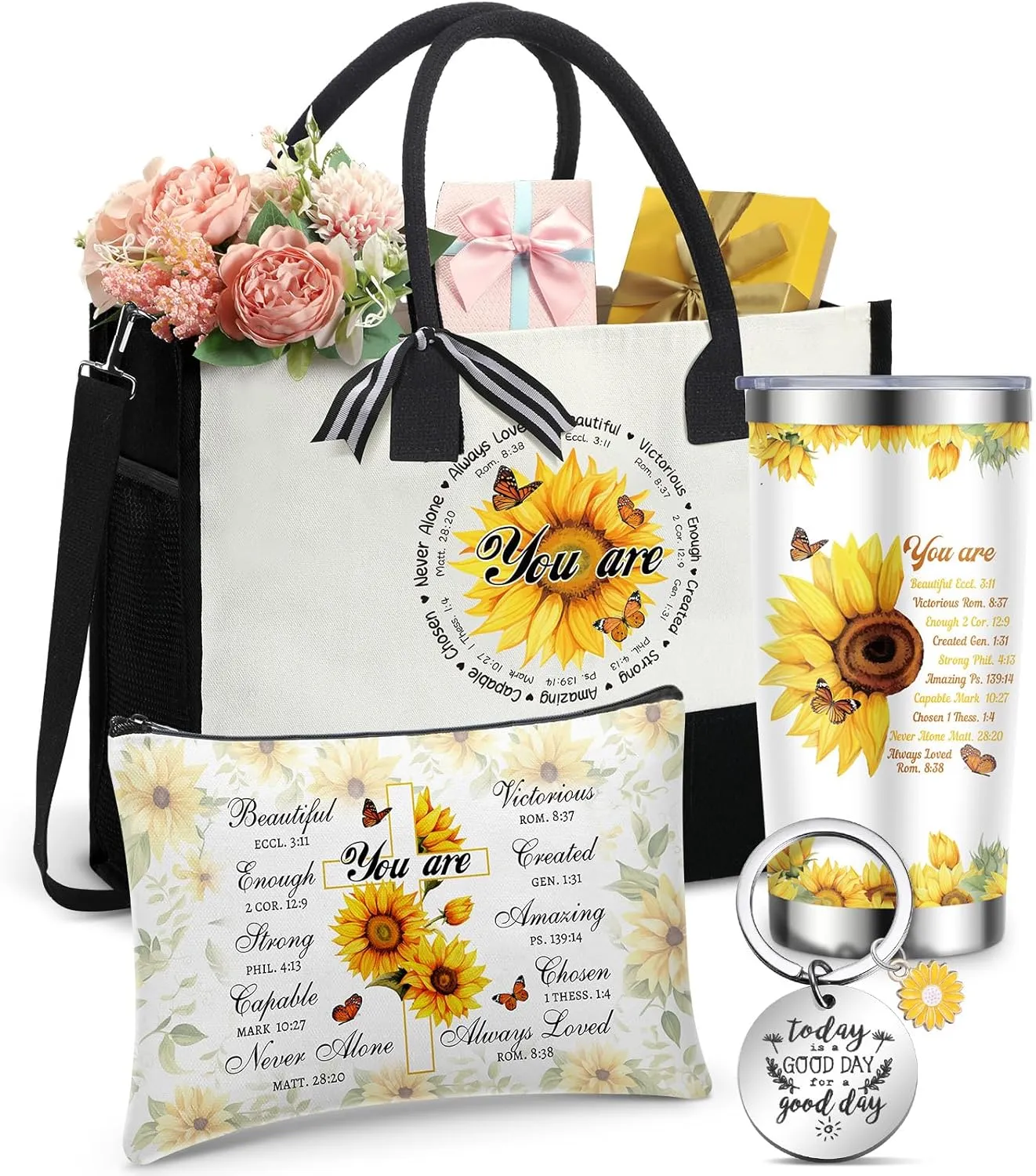 Aliceset 4 Pcs Christian Gifts for Women Include Inspiration Religious Tote Bag 20 oz Stainless Steel Tumbler Bible Verse Keychain Catholic Makeup Bag Birthday Gifts for Women(Sunflower)