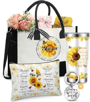 Aliceset 4 Pcs Christian Gifts for Women Include Inspiration Religious Tote Bag 20 oz Stainless Steel Tumbler Bible Verse Keychain Catholic Makeup Bag Birthday Gifts for Women(Sunflower)