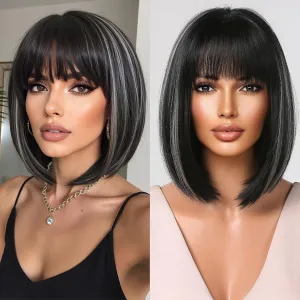 Allbell Black Bob Wig for Black Women Short Straight Wig with Bangs 14 Inch Black Hair Wigs with Gray Highlights Heat Resistant Synthetic Wigs For Girls Party Use