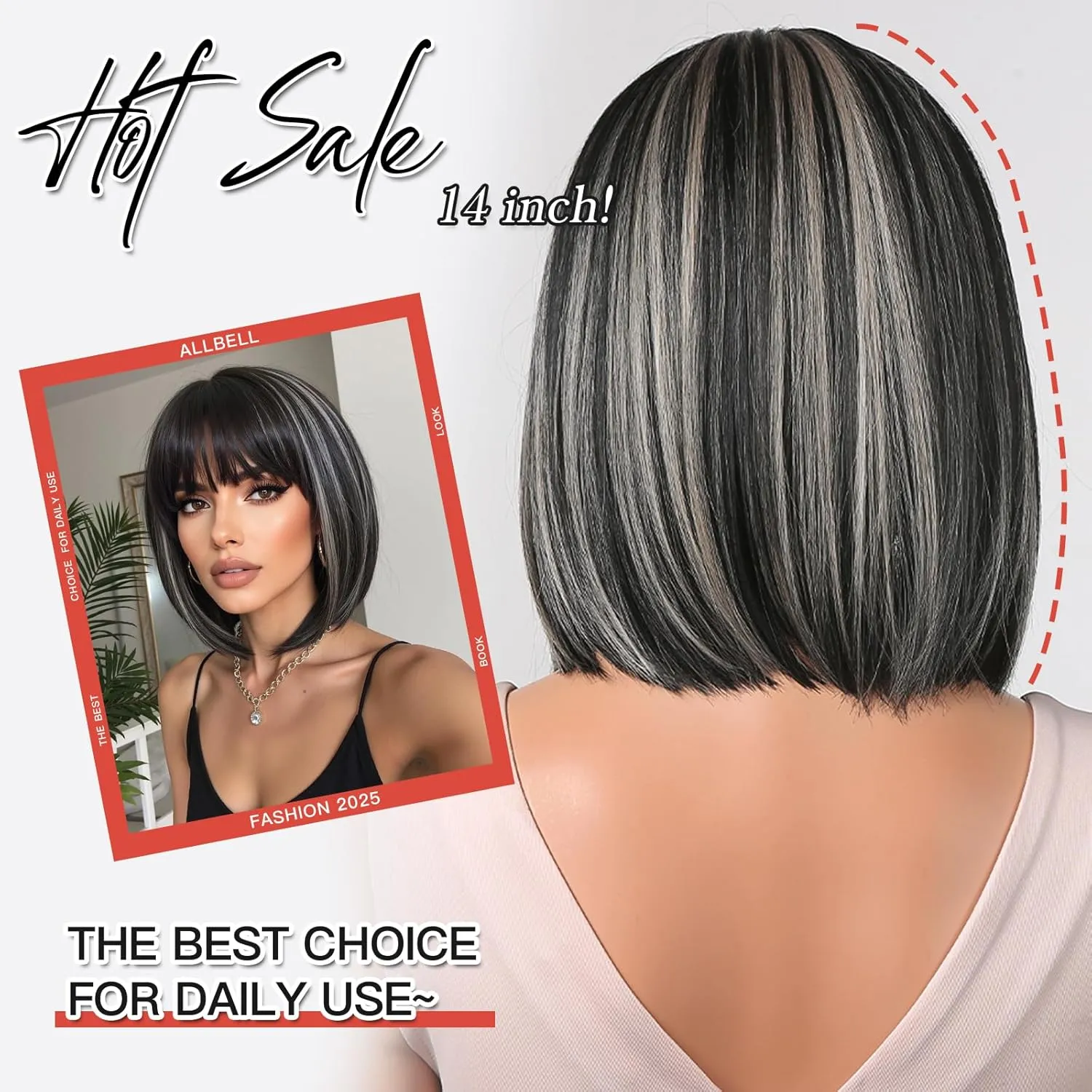 Allbell Black Bob Wig for Black Women Short Straight Wig with Bangs 14 Inch Black Hair Wigs with Gray Highlights Heat Resistant Synthetic Wigs For Girls Party Use