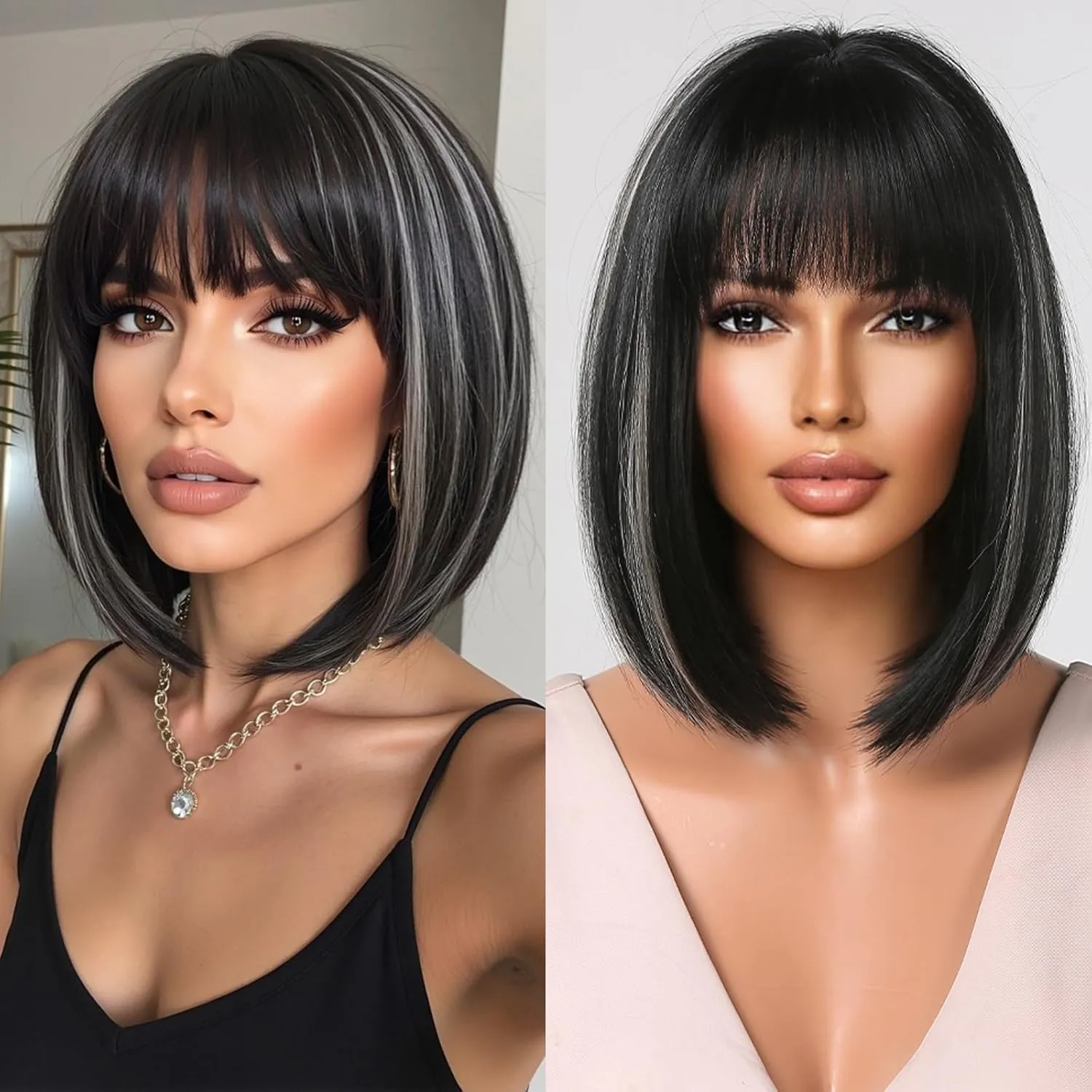 Allbell Black Bob Wig for Black Women Short Straight Wig with Bangs 14 Inch Black Hair Wigs with Gray Highlights Heat Resistant Synthetic Wigs For Girls Party Use