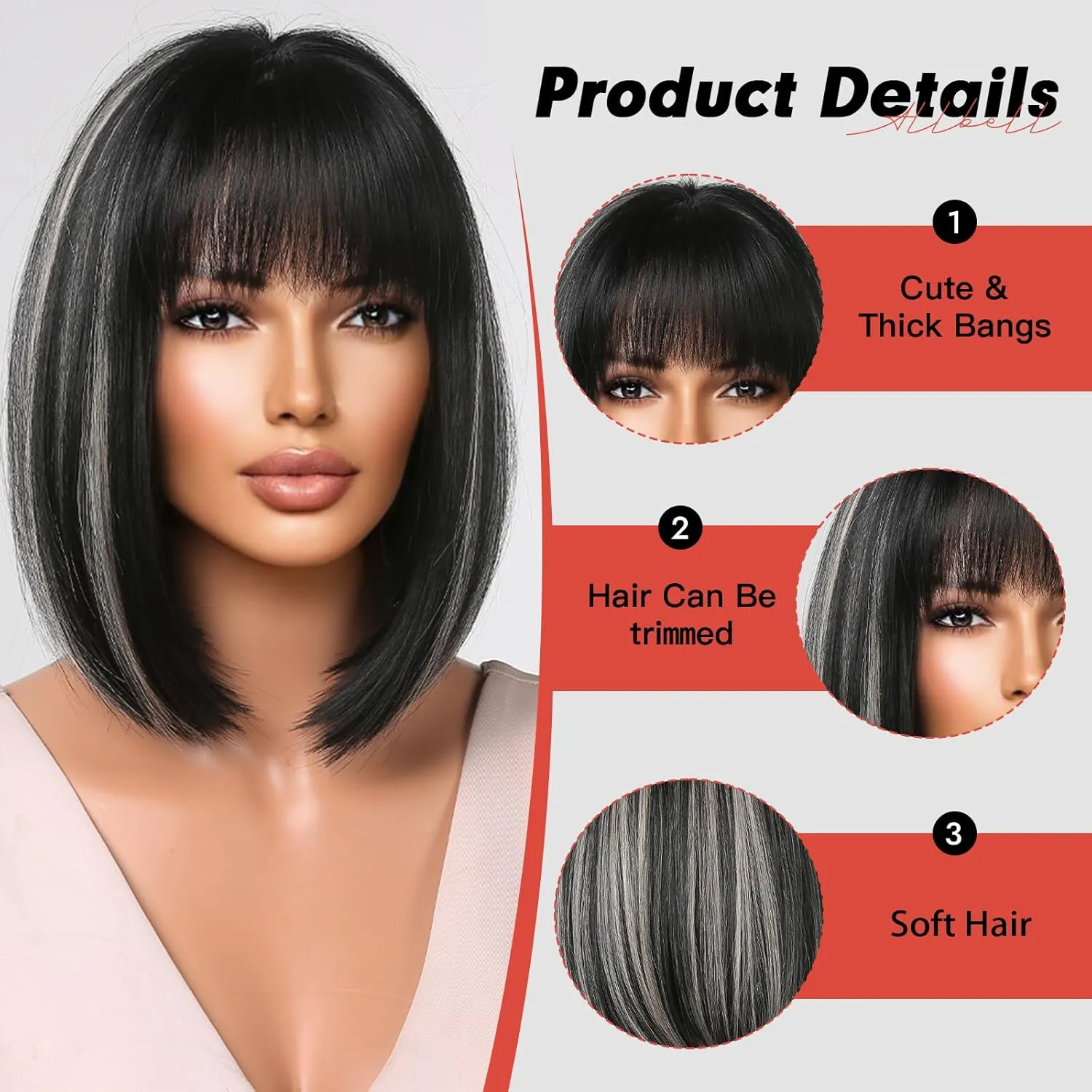 Allbell Black Bob Wig for Black Women Short Straight Wig with Bangs 14 Inch Black Hair Wigs with Gray Highlights Heat Resistant Synthetic Wigs For Girls Party Use