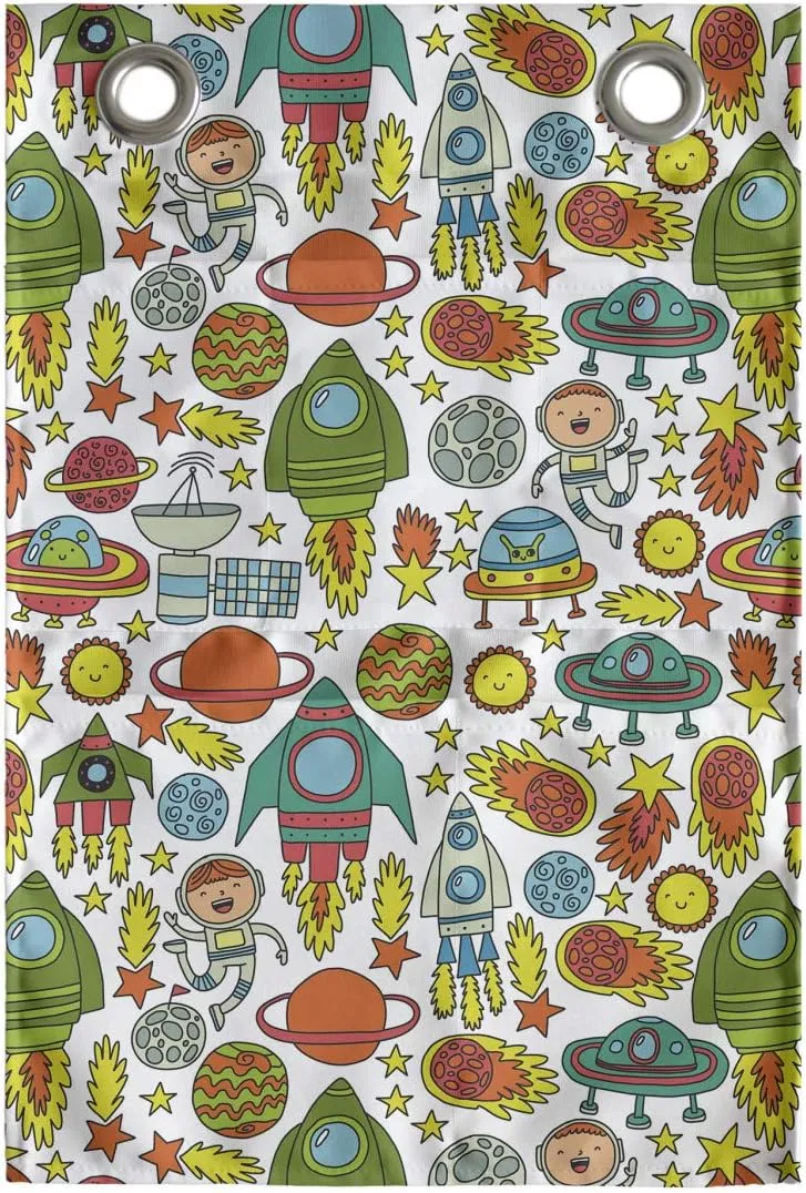 Ambesonne Outer Space Hanging Pocket Organizer, Cartoon Style Pattern of Rockets Astronaut Comets and Planets Print, Printed Polyester Storage Bag with Pockets, 14" x 20", White Multicolor