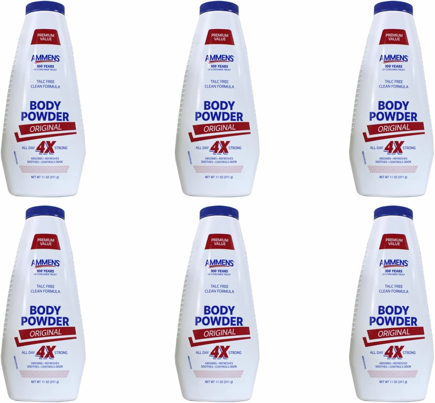 Ammens Body Powder Original – Talc-Free Clean Formula, All-Day 4X Strong Protection, 11 oz (Pack of 6)