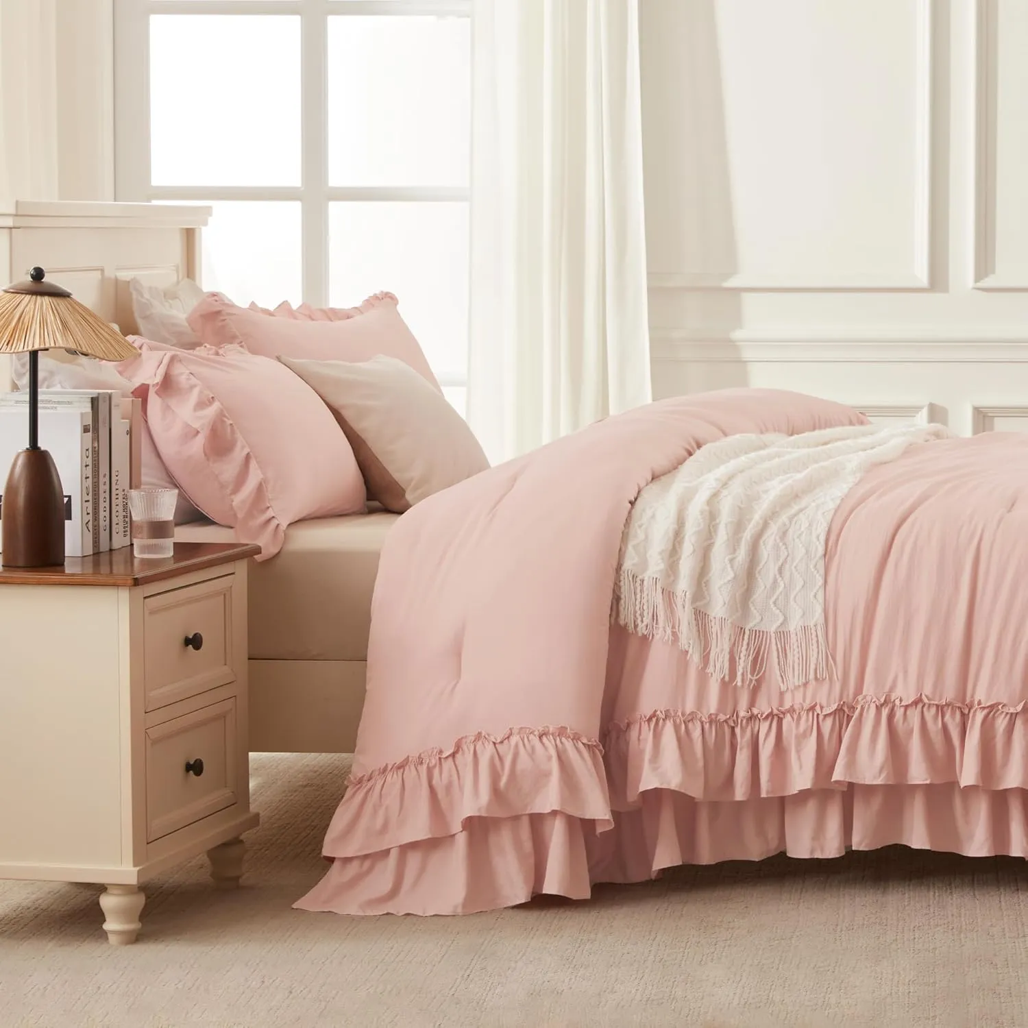 Andency Blush Full Size Comforter Set, Shabby Chic Bedding Comforter Set for All Seasons, 3 Pieces Lightweight Soft Western Modern Bed Set for Women Girls