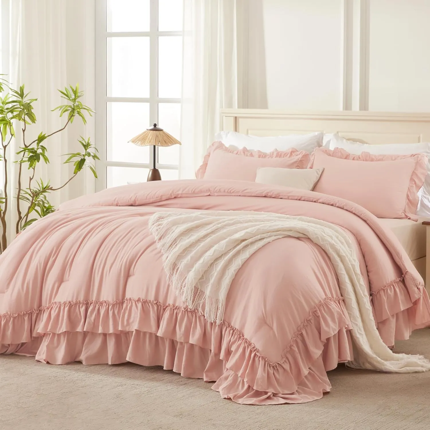 Andency Blush Full Size Comforter Set, Shabby Chic Bedding Comforter Set for All Seasons, 3 Pieces Lightweight Soft Western Modern Bed Set for Women Girls