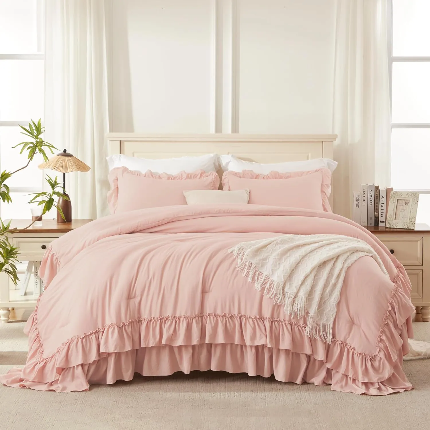 Andency Blush Full Size Comforter Set, Shabby Chic Bedding Comforter Set for All Seasons, 3 Pieces Lightweight Soft Western Modern Bed Set for Women Girls