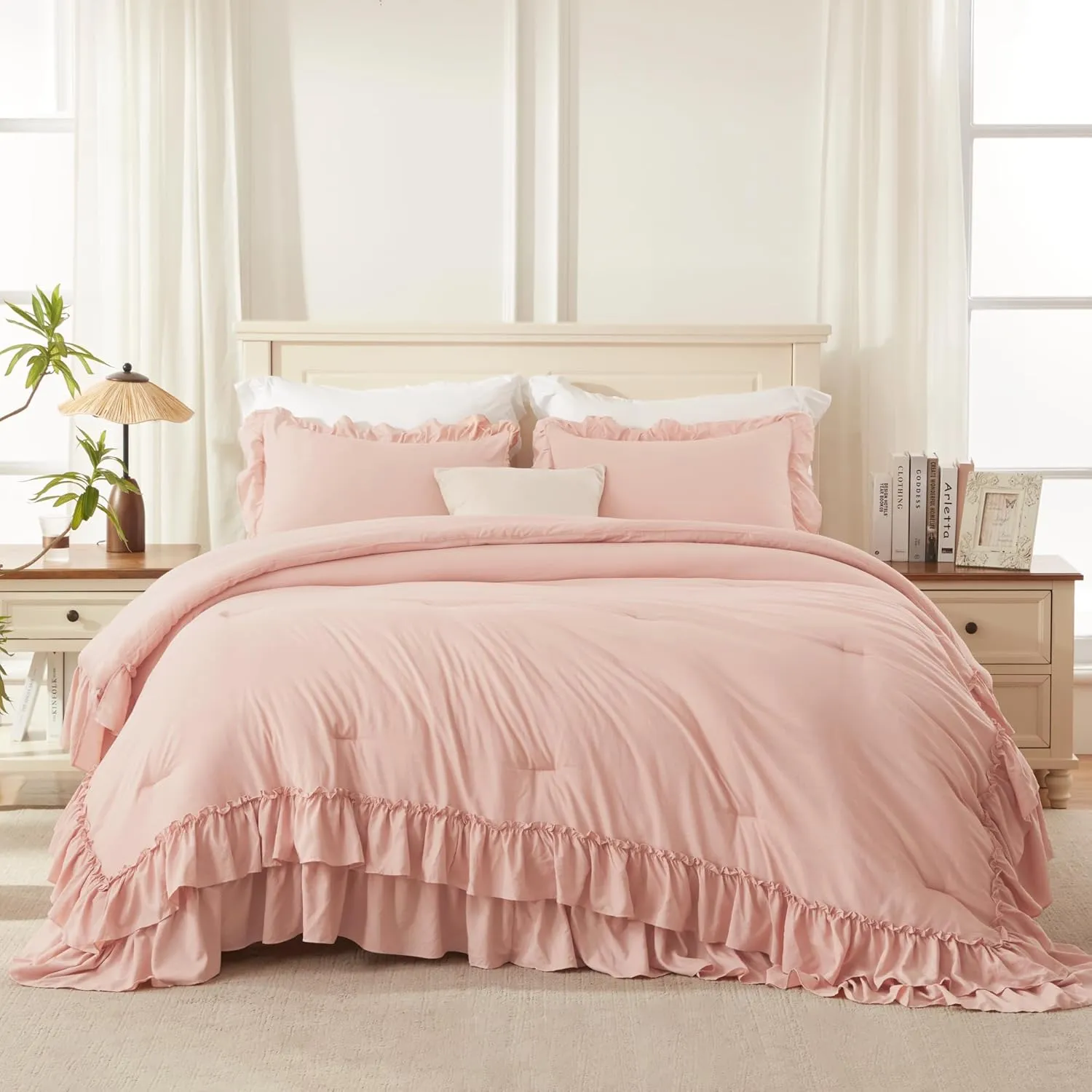 Andency Blush Full Size Comforter Set, Shabby Chic Bedding Comforter Set for All Seasons, 3 Pieces Lightweight Soft Western Modern Bed Set for Women Girls
