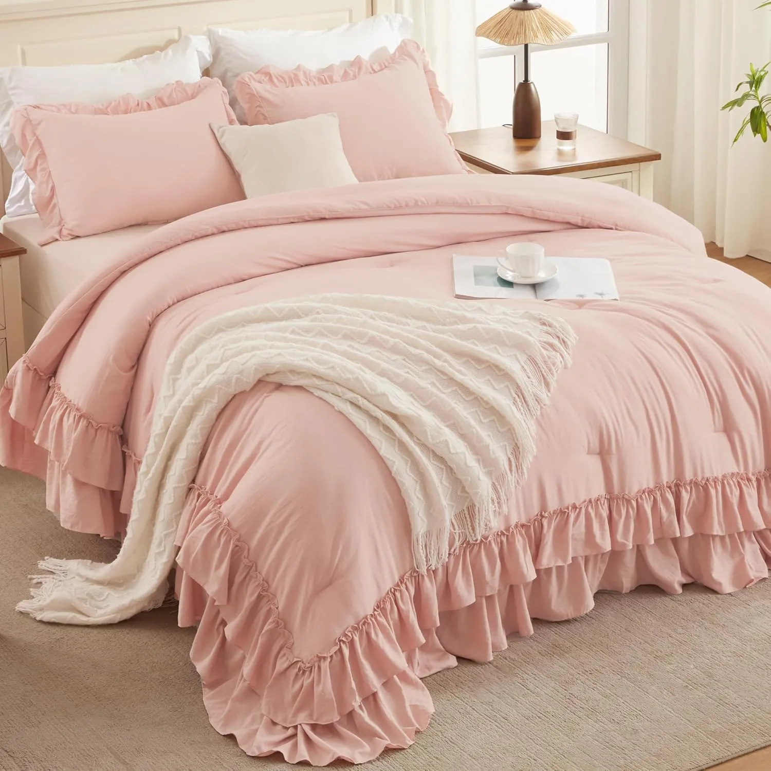 Andency Blush Full Size Comforter Set, Shabby Chic Bedding Comforter Set for All Seasons, 3 Pieces Lightweight Soft Western Modern Bed Set for Women Girls