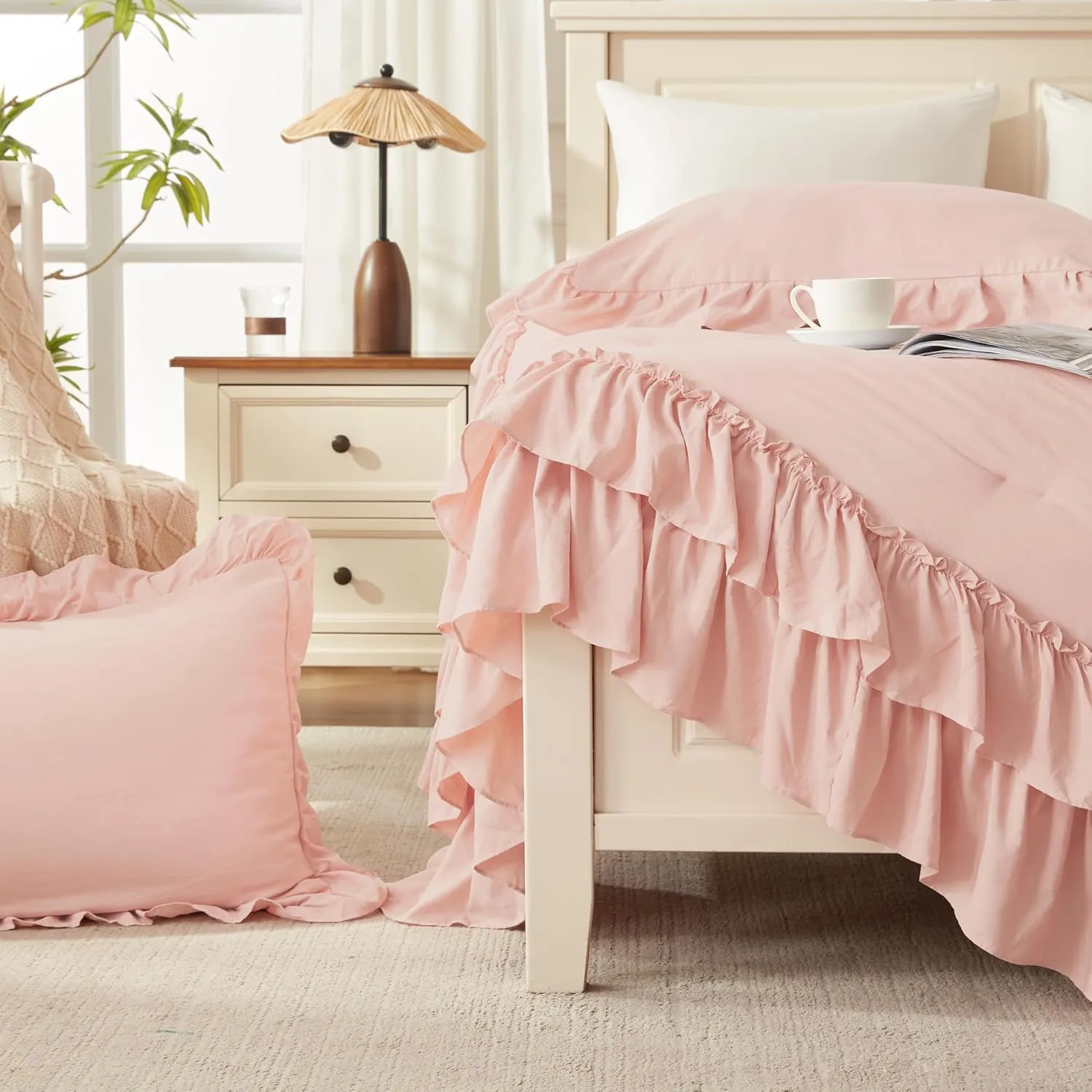 Andency Blush Full Size Comforter Set, Shabby Chic Bedding Comforter Set for All Seasons, 3 Pieces Lightweight Soft Western Modern Bed Set for Women Girls