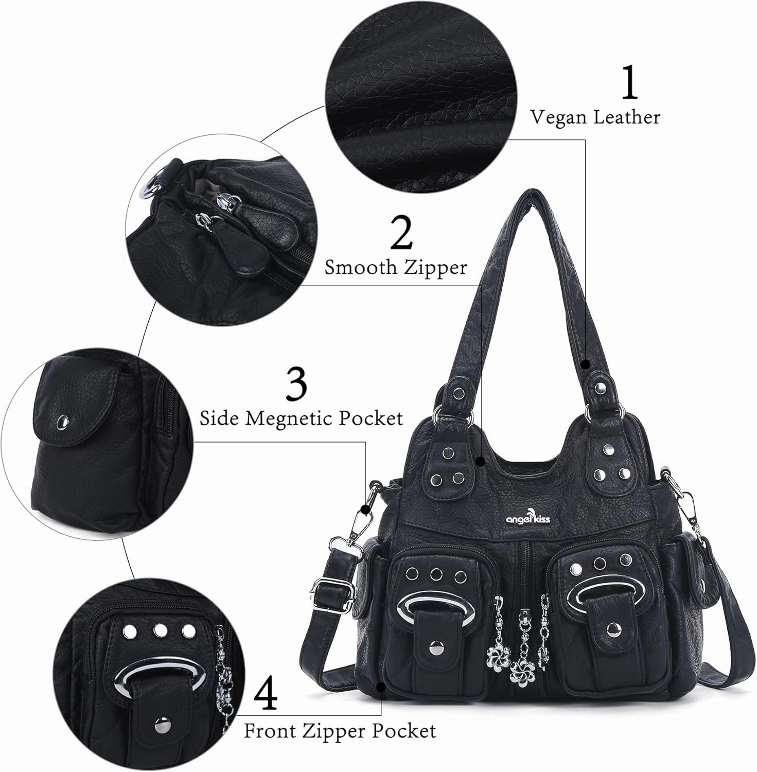 Angel Kiss Purses for Women Small Hobo Crossbody Bags Multi-Pocket Vegan Leather Hobo Handbags Tote Bag with Crossbody Strap