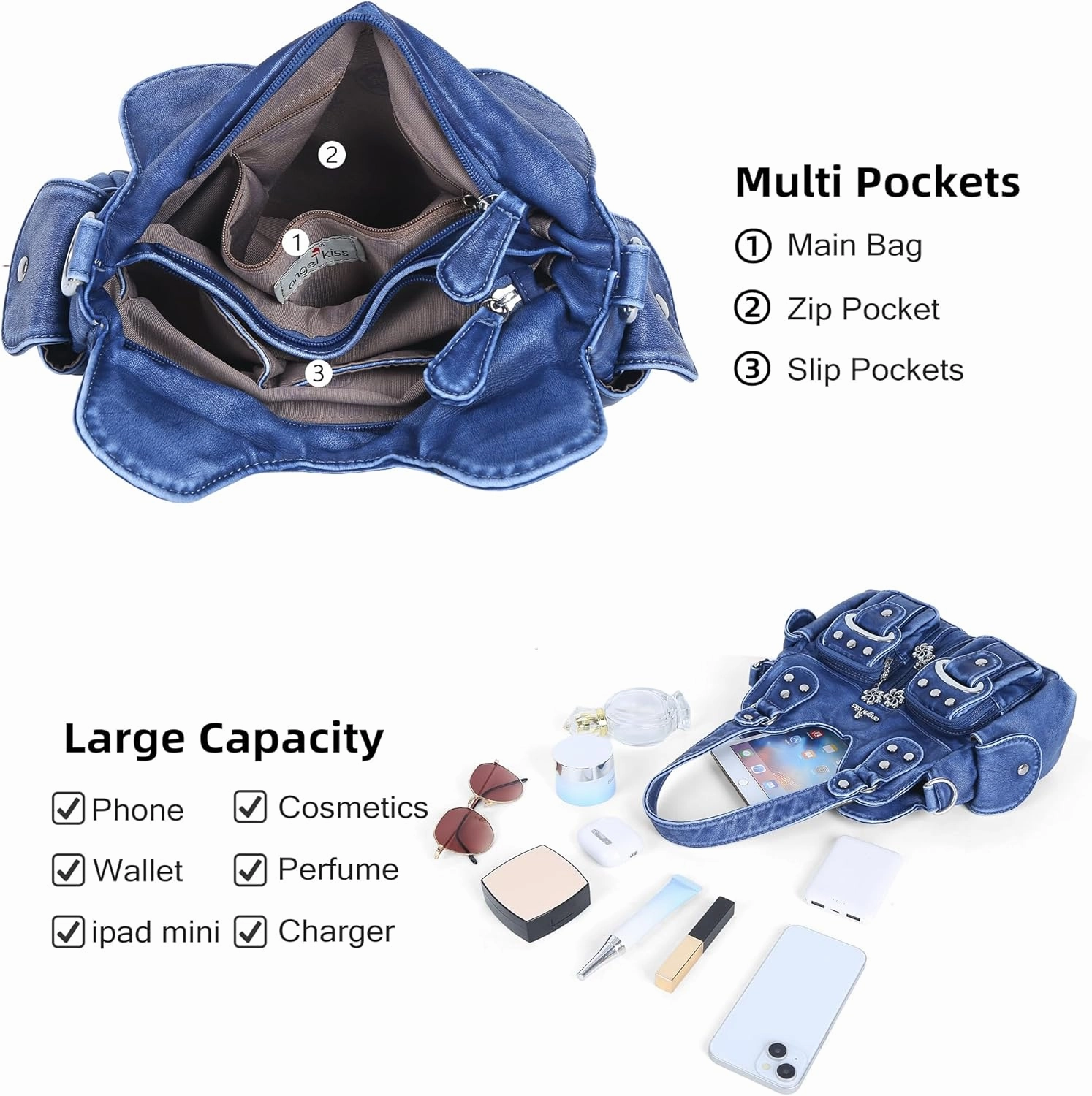 Angel Kiss Purses for Women Small Hobo Crossbody Bags Multi-Pocket Vegan Leather Hobo Handbags Tote Bag with Crossbody Strap
