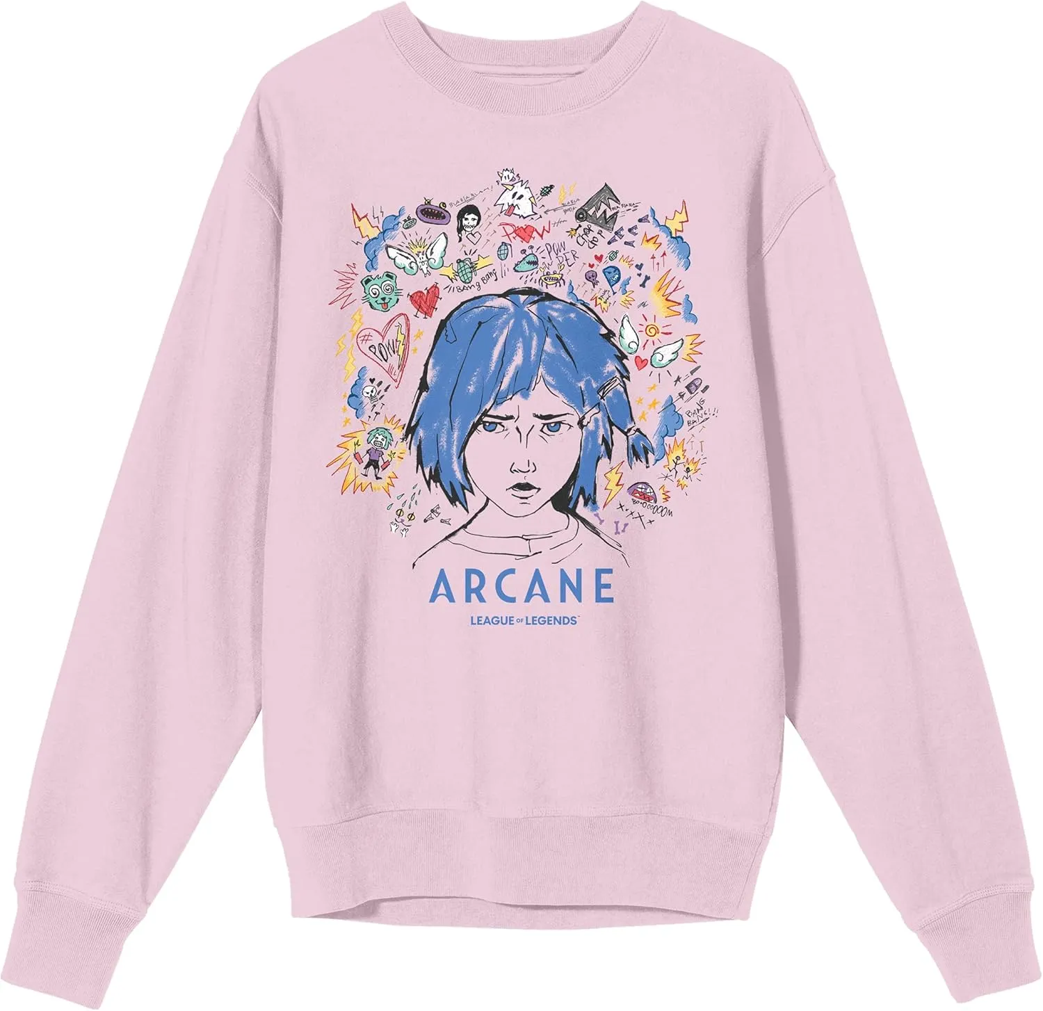 Arcane League Of Legends Powder Doodle Art Adult Cradle Pink Crew Neck Long Sleeve Sweatshirt